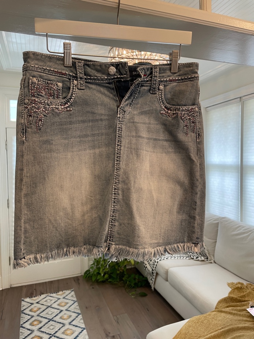 Grace Washed Blue Embroidered Fringe Denim Mini Skirt